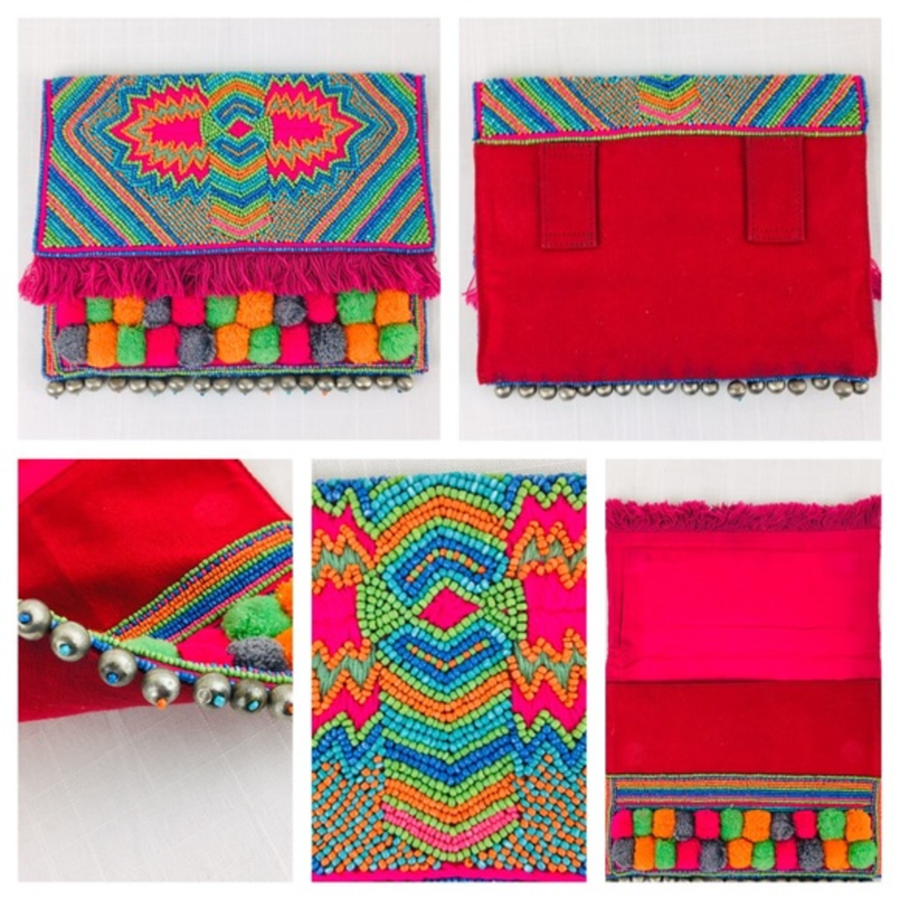 Christophe Sauvat Women's Belt Bag Purse Rainbow Beaded Amazing! Pom Pom Tassels